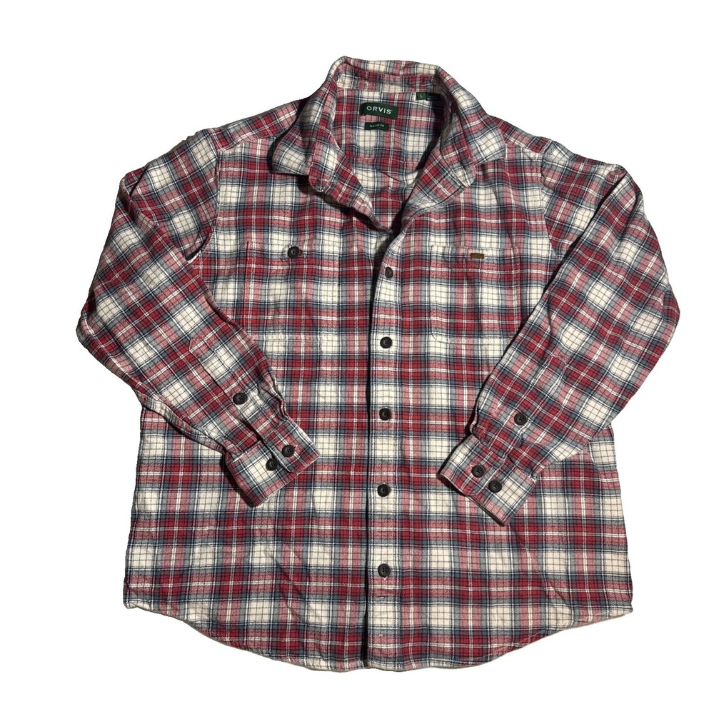Orvis Flannel Jacket Button Up Mens Size L Multi Color Plaid Heavyweight Tartan